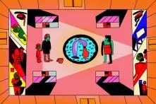 Colorful illustration of interior, with people inside the house