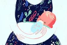 ილუსტრაცია ქალი ბავშვს ბოთლით აჭმევს