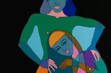 სალომეა ბაუერის ნამშევარი, გამოსახულია ორი ქალი, მათგან ერთი ეყრდნობა მეორეს, ის კი წელგამართული დგას და ხელები პირველი ქალის მხრები აქვს ჩამოწყობილი