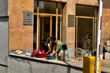 Women in front of the building