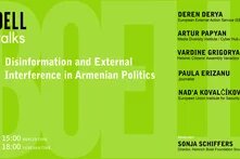 A bright green poster for a “Boell Talks” event titled “Disinformation and External Interference in Armenian Politics.” The left side lists the date “4 December” and time “15:00 Berlin Time / 18:00 Yerevan Time.” The right side presents the speakers’ names and affiliations: Deren Derya (European External Action Service), Artur Papyan (Media Diversity Institute / Cyber Hub Armenia), Vardine Grigoryan (Helsinki Citizens’ Assembly Vanadzor Office), Paula Erizanu (Journalist), and Nad’a Kovalčíková (European Un