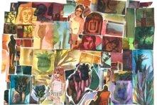 Collage of different illustrations of women and other objects. Mostly brown and green colours.