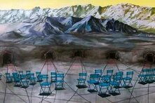 Illustration of Caucasus mountains connected with the wires to empty chairs.