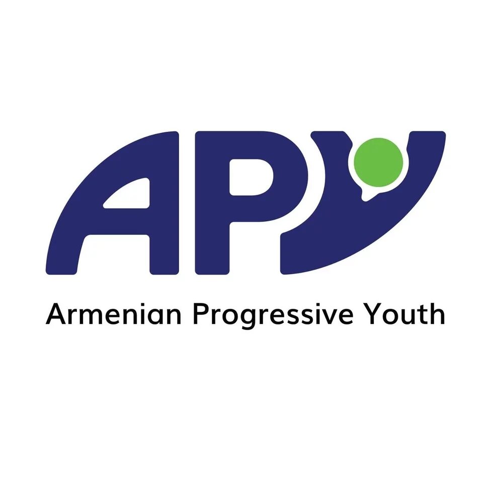 APY's logo. In the white background it is written APY in blue with big letters. Under big letters it is written Armenian Progressive Youth with smaller letters. 