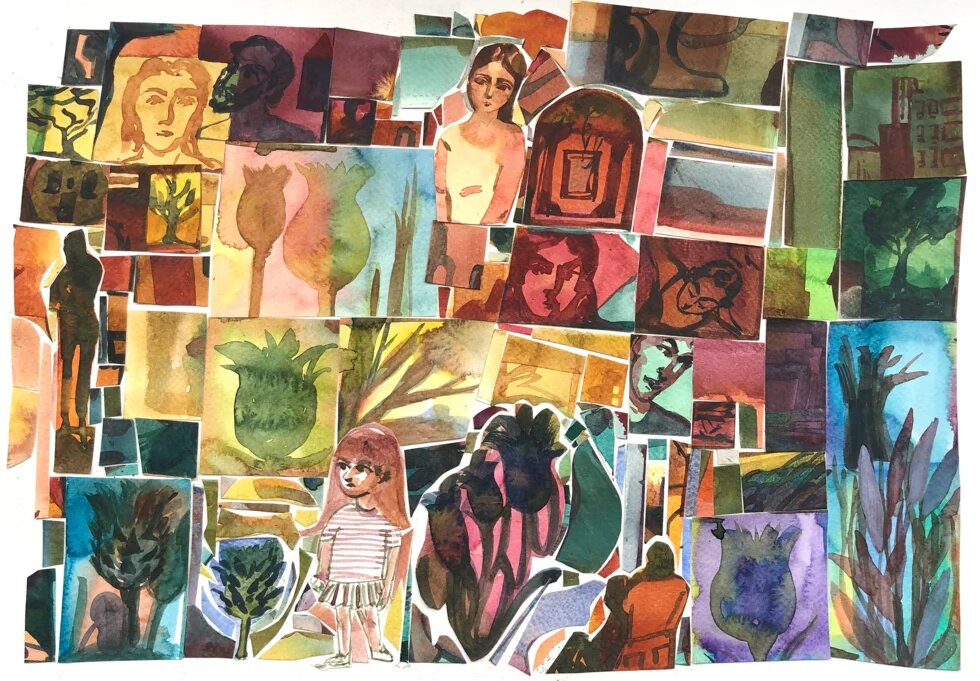 Collage of different illustrations of women and other objects. Mostly brown and green colours.