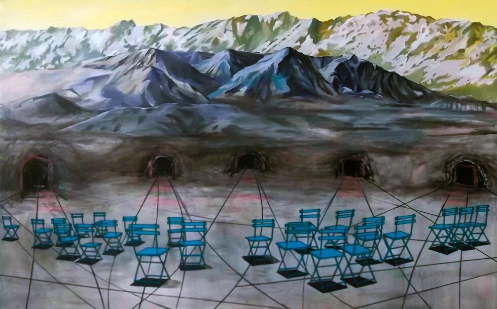 Illustration of Caucasus mountains connected with the wires to empty chairs.