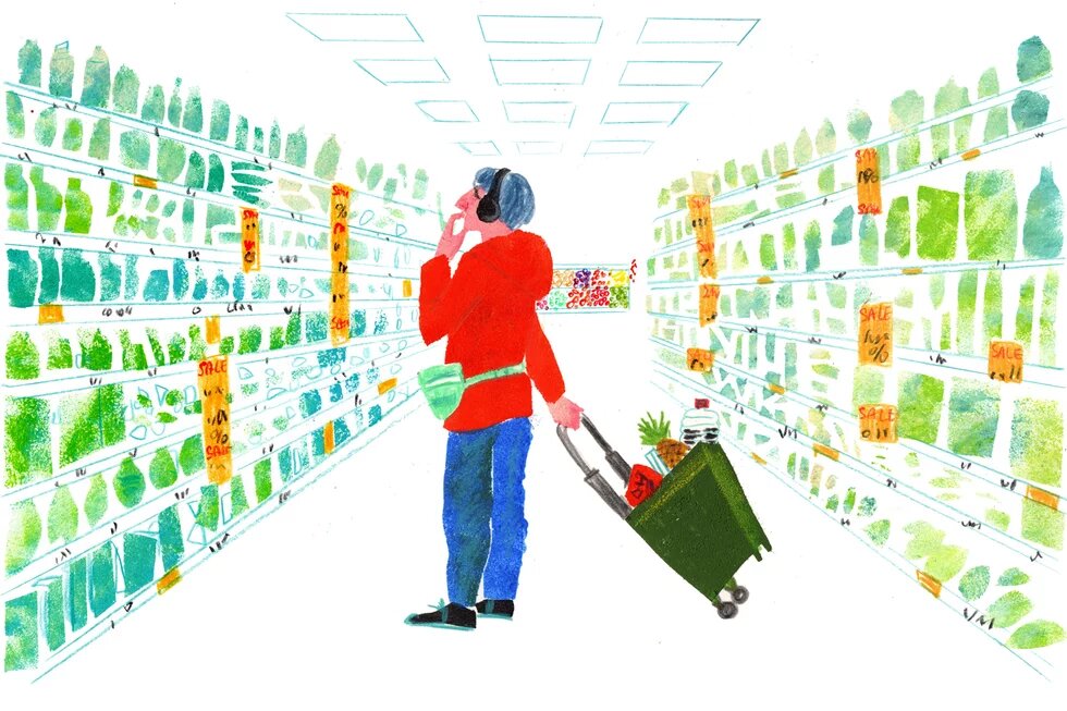Illustration of the person scrolling in the supermarket.