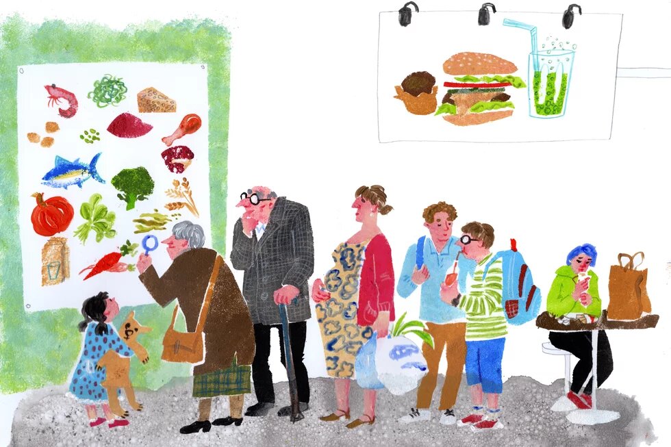 Illustration of the different people in a queue for food.