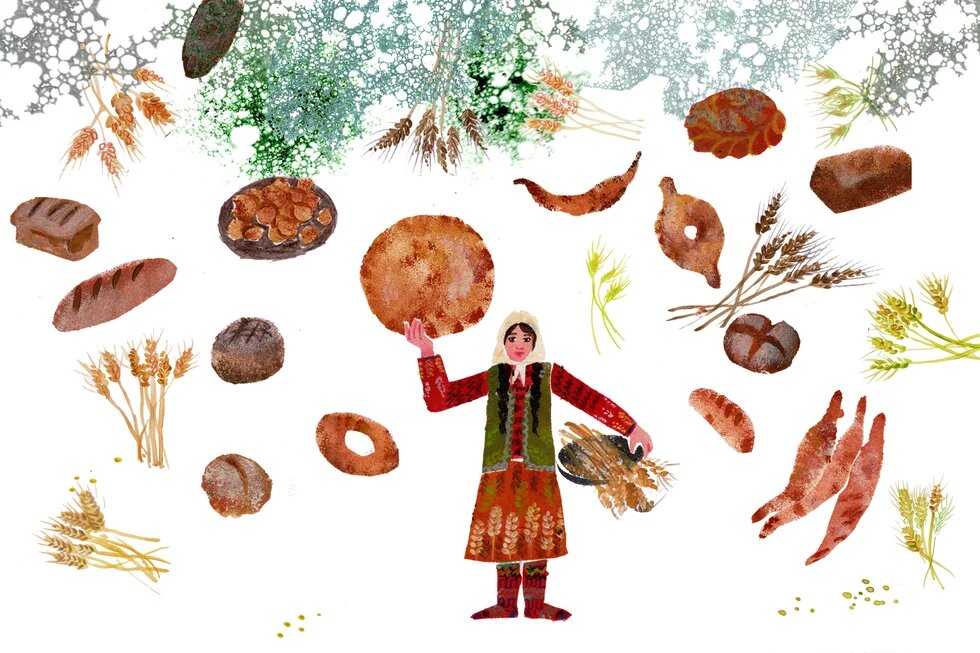 Woman with different kinds of bread.