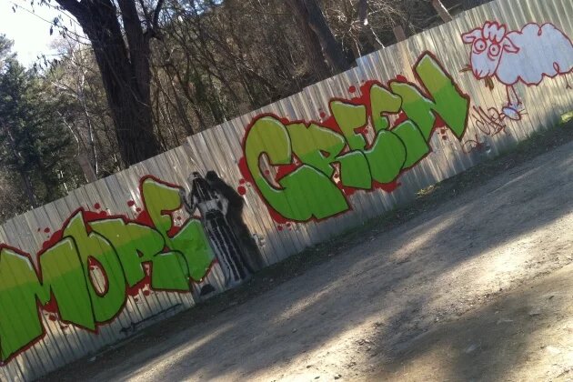 "More Green" slogan on the wall in Vake park 